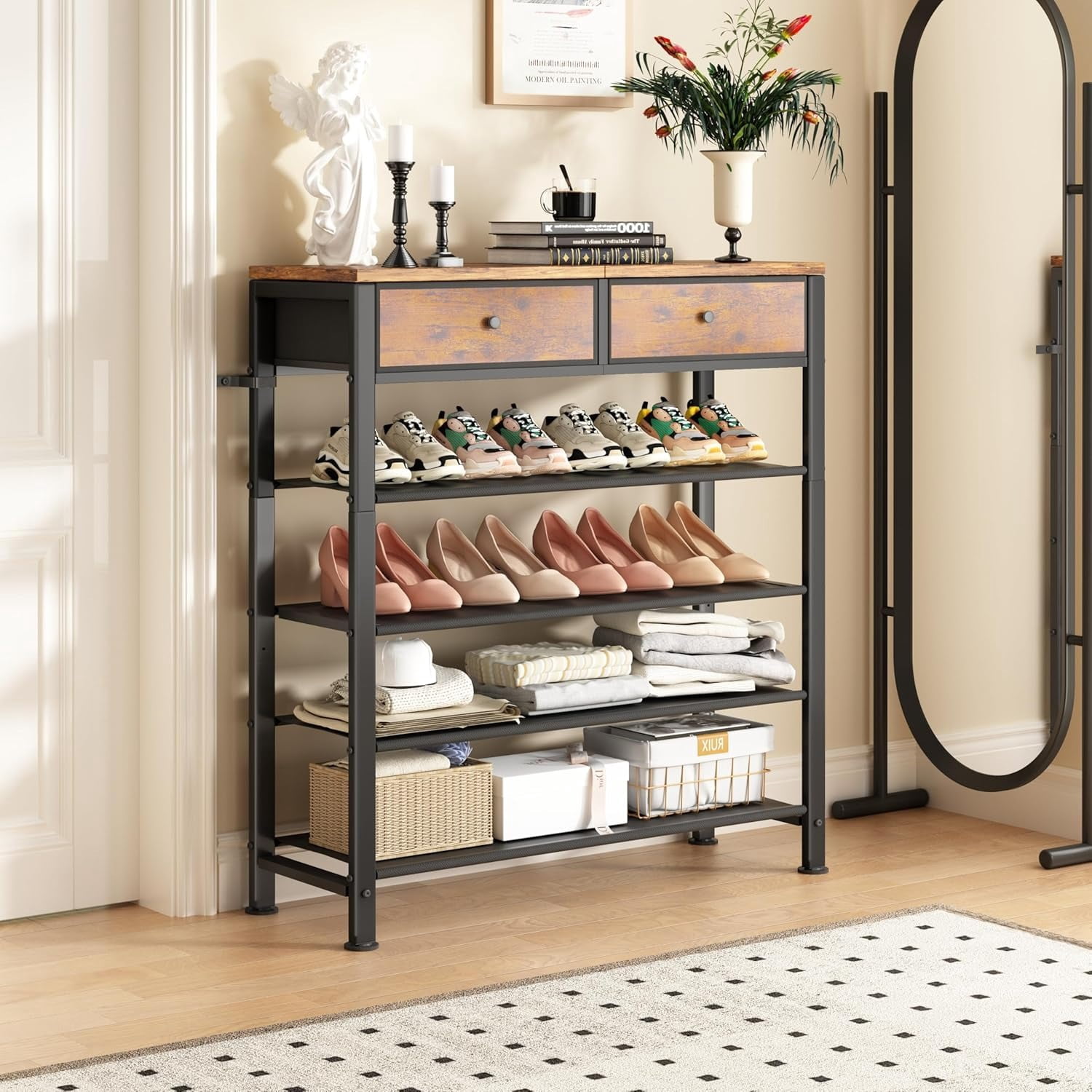 Shoe Rack, 5 Tier Shoe Organizer for 12-16 Pairs of Shoes, with 2 Drawers, 3 Fabric Shelves and Wooden Top, Shoe Rack for Closet Entryway, Rustic Brown