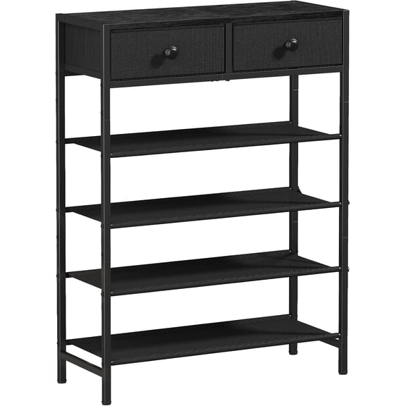 5 Tier Shoe Rack with 2 Drawers, Metal Shoe Organizer for 16-20 Pairs, Narrow Shoe Storage with Fabric Shelves Wooden Top, Black