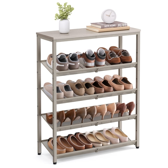 Shoe Rack, 5-Tier Shoe Rack Organizer for Closet Entryway with Storage Shelves and Top, Freestanding, Steel, Cappuccino Beige and Oatmeal Beige