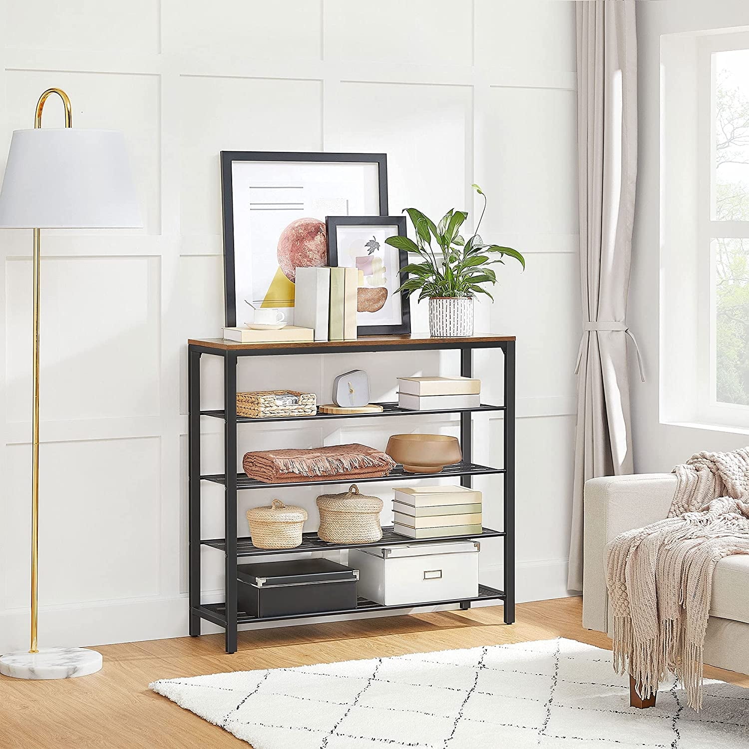 Rustic Brown Industrial 5-Tier Metal Shoe Rack with Mesh Shelves