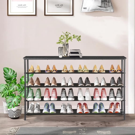 Shoe Rack 5-Tier Show Rack Metal Frame Shoe Racks 11.8Dx47.2Wx35.8H Shoe Stroage Rack for 24 Pairs of Shoes Standing Shoe Rack Waterproof Shoe Stroage Shelf with 4 Fabric Shelves and Wooden Top