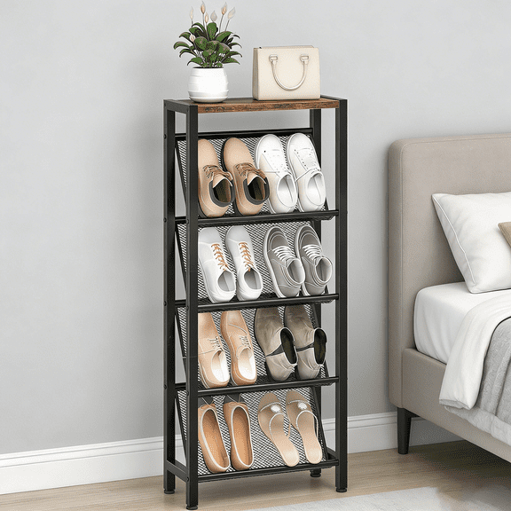Shoe Rack, 5-Tier Slanted Shoe Rack, Narrow Shoe Storage Shelf, Slim Shoe Organizer for Entryway, Space-Saving, Wooden Top and Metal Frame, for Entryway, Hallway Rustic Brown and Black TXJ03BF