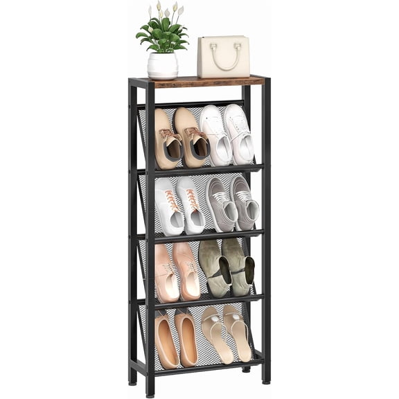 Shoe Rack, 5-Tier Slanted Shoe Rack, Narrow Shoe Storage Shelf, Slim Shoe Organizer for Entryway, Space-Saving, Wooden Top and Metal Frame, for Entryway, Hallway Rustic Brown and Black TXJ03BF