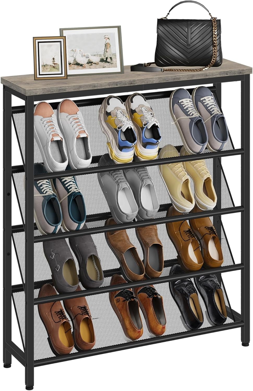 Shoe Rack, 5-Tier Slanted Shoe Storage Shelf, Narrow Shoe Rack for Entryway, Shoe Organizer with Adjustable Feet, Slim Shoe Shelf with Wooden Top and Metal Frame, Greige and Black TXJ02BG