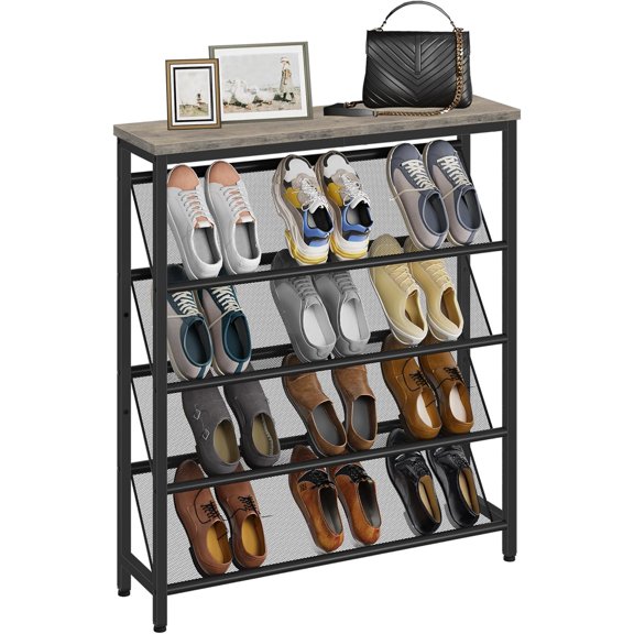 Shoe Rack, 5-Tier Slanted Shoe Storage Shelf, Narrow Shoe Rack for Entryway, Shoe Organizer with Adjustable Feet, Slim Shoe Shelf with Wooden Top and Metal Frame, Greige and Black TXJ02BG