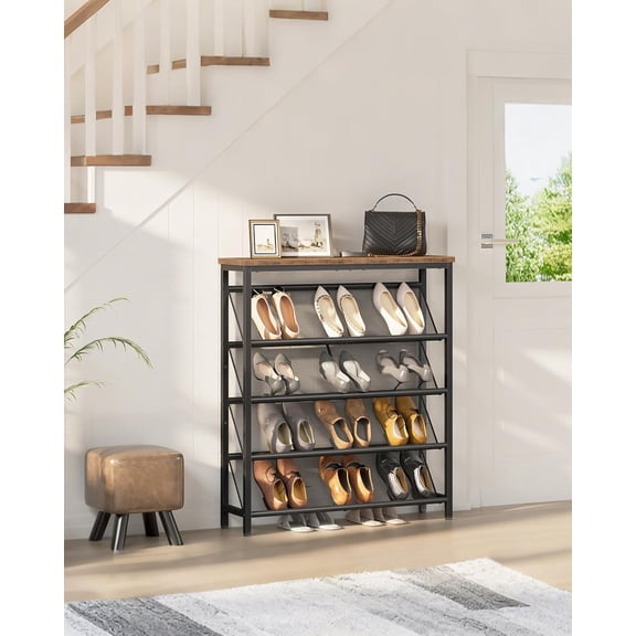 Shoe Rack, 5-Tier Slanted Shoe Storage Shelf, Narrow Shoe Rack for Entryway, Shoe Organizer with Adjustable Feet, Slim Shoe Shelf with Wooden Top and Metal Frame Rustic Brown and Black TXJ02BF