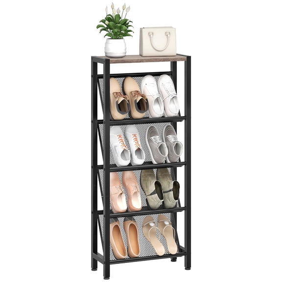 Shoe Rack 5-tier Slanted Narrow Storage Shelf Slim Organizer For Entryway Space-saving Wooden Top And Metal Frame Hallway Greige Black Txj03bg