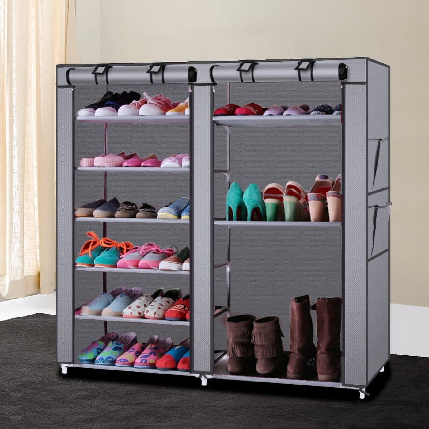Shoe Rack, 6-Row 2-Line 12 Lattices Non-woven Fabric, Gray