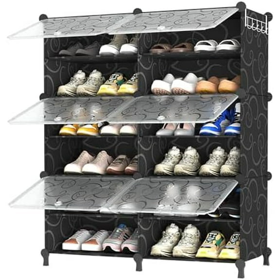 Shoe Rack, 6 Tier Shoe Storage Cabinet with Door, 24 Pair Shoe Organizer Shelves for Closet Hallway Bedroom Entryway, Black