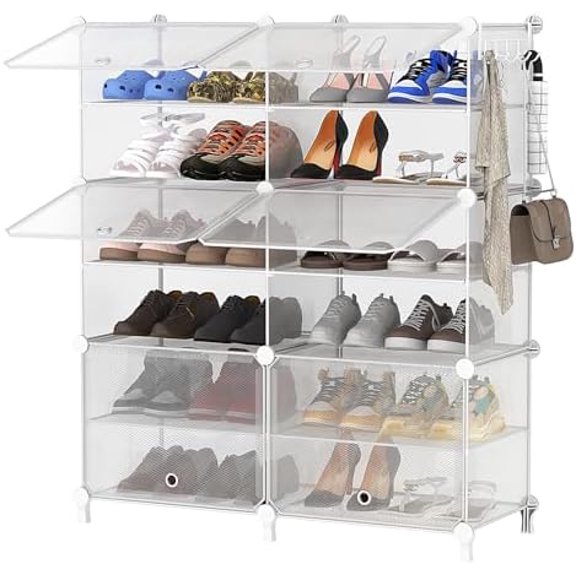Shoe Rack, 6 Tier Shoe Storage Cabinet with Door, 24 Pair Shoe Organizer Shelves for Closet Hallway Bedroom Entryway, Transparent Twill