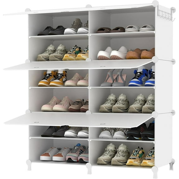 Shoe Rack, 6 Tier Shoe Storage Cabinet with Door, 32 Pair Shoe Organizer Shelves for Closet Hallway Bedroom Entryway, White