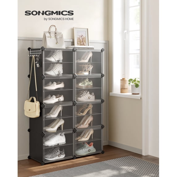 Shoe Rack, 8 Cubes Shoe Organizer with Doors, 32 Pair Plastic Shoe Storage Cabinet Black