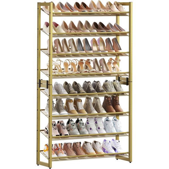 Shoe Rack, 8-Tier Shoe Organizer, Metal Rack for Garage, Set of 2, 4-Tier Stackable Shelf, with Adjustable Flat or Angled Shelves, 32-40 Pairs, Pale Gold