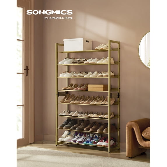 SONGMICS Shoe Rack, 8-Tier Shoe Organizer, Metal Rack for Garage, Set of 2, 4-Tier Stackable Shelf, with Adjustable Flat or Angled Shelves, 32-40 Pairs, Pale Gold