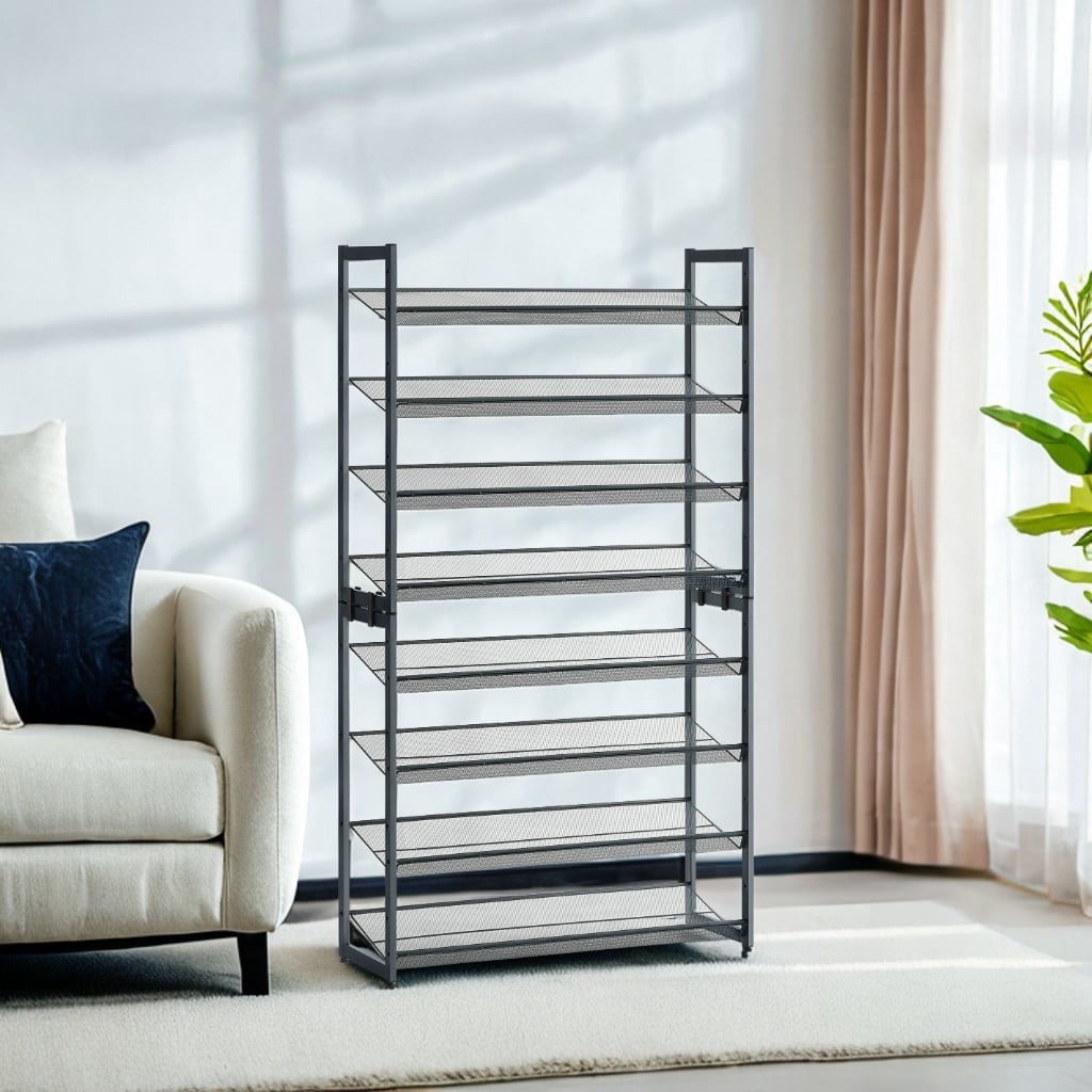 SONGMICS Shoe Rack, 8-Tier Shoe Organizer, Metal Shoe Storage, Set of 2, 4-Tier Stackable Shoe Shelf, with Adjustable Flat or Angled Shelves