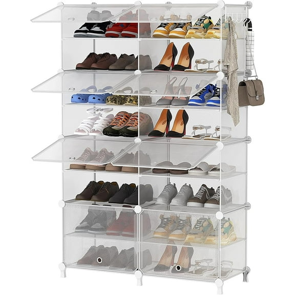 Shoe Rack, 8 Tier Shoe Storage Cabinet with Door, 32 Pair Shoe Organizer Shelves for Closet Hallway Bedroom Entryway, Transparent Twill