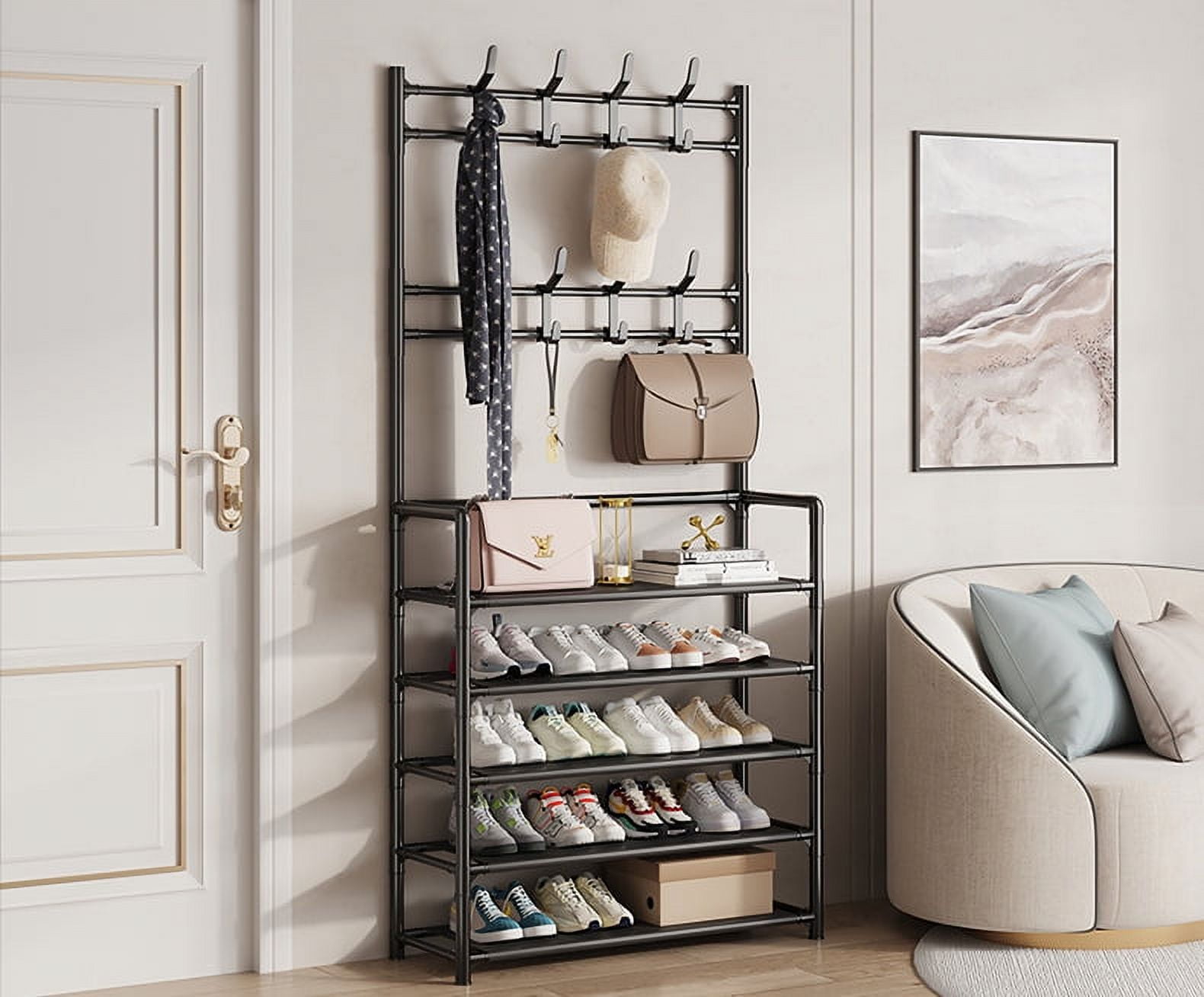 Shoe Rack, BRC Shoe Storage with Coat Rack Freestanding, Hall Tree with