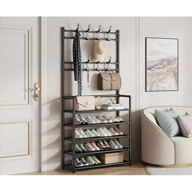 Shoe Rack, BRC Shoe Storage with Coat Rack Freestanding, Hall Tree with