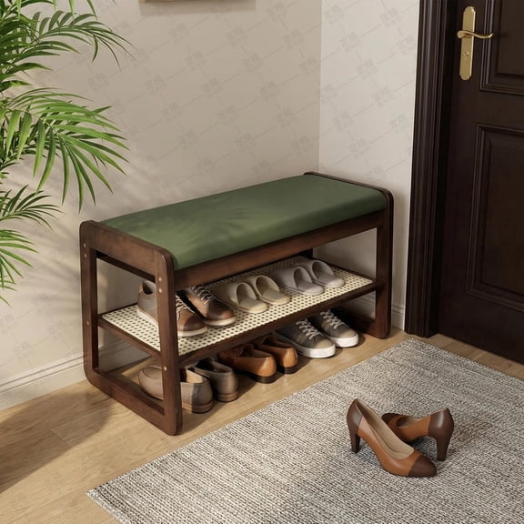 Shoe Rack Bench 2 Tier 27.6'' Bamboo Entryway Bench with Cushion and Hidden Storage Hold up to 300 lb Shoe Organizer for Hallway, Closet, Front Door Entrance, Foyer , Living Room Bedroom(Green)