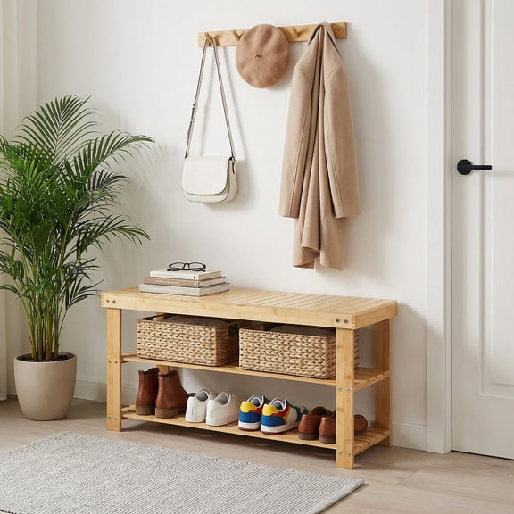 Shoe Rack Bench, 3 Tier Shoe Storage Bench, 35 Inch Bamboo Shoe Organizer, Entryway Bench Home Decor, Holds Up to 286 lb, Side Table, for Mudroom Hallway Bedroom Living Room Closet, Natural