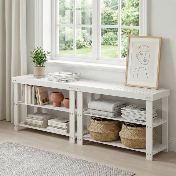 Shoe Rack Bench, 3 Tier Shoe Storage Bench, 35 Inch Bamboo Shoe Organizer, Entryway Bench Home Decor, Holds Up to 286 lb, Side Table, for Mudroom Hallway Bedroom Living Room Closet, White