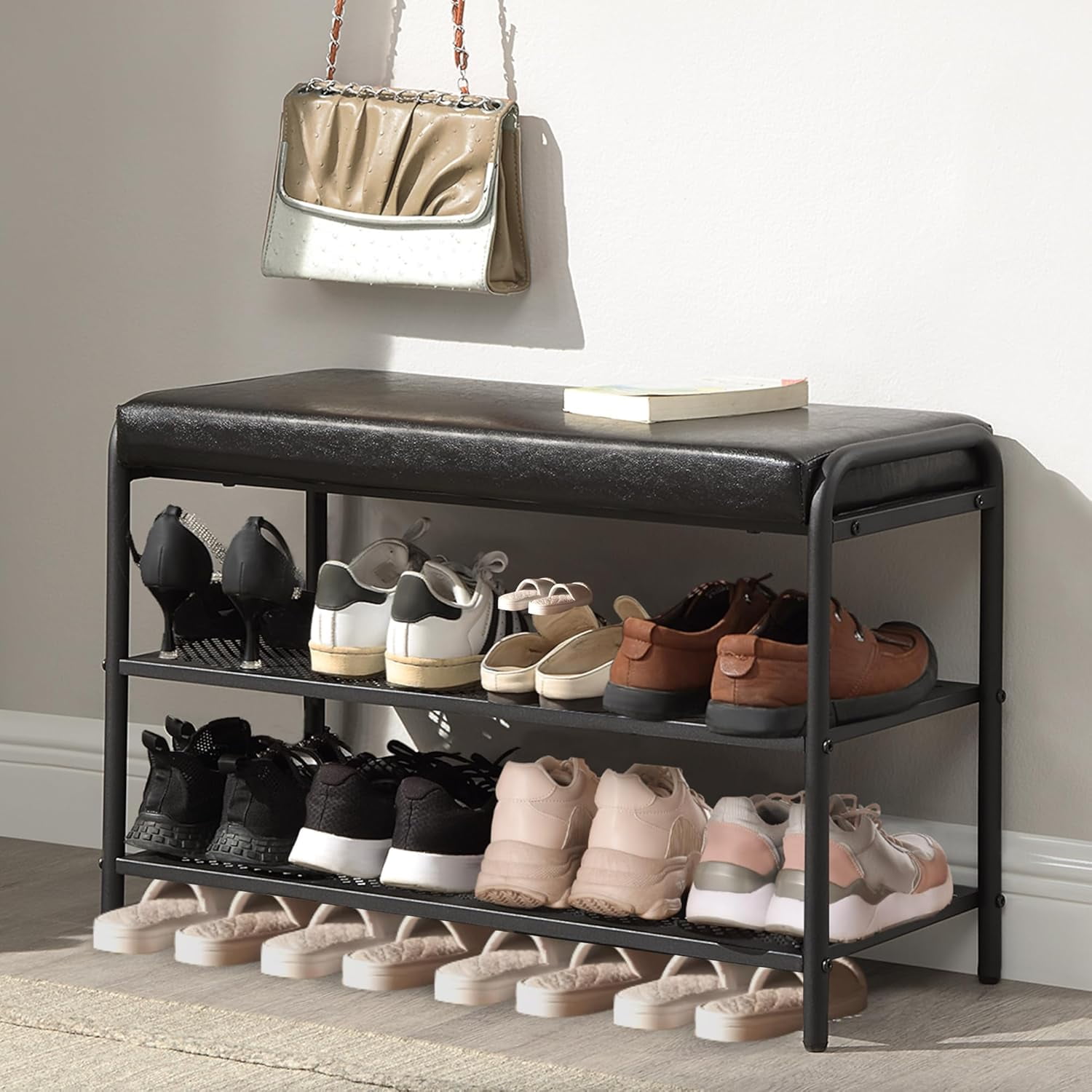 Shoe Rack Bench,3 Tiers Shoe Storage Organizer,Synthetic Leather ...