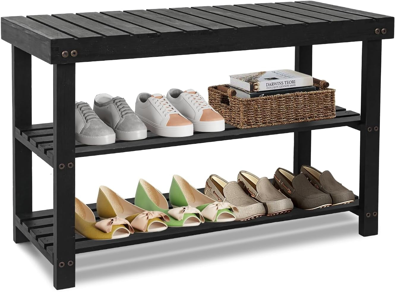 Shoe Rack Bench for Entryway, 3-Tier Wooden Shoe Shelf Shoe Organizer ...