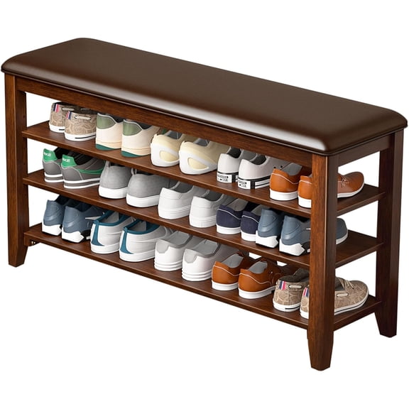 Shoe Rack Bench Entryway Storage with Leather Cushion, Shoe Organizer Bench for Entryway, Ideal for Front Doors Entrances Hallway Mudroom Featuring Rubberwood And 3 Height-Adjustable Removable Shelve