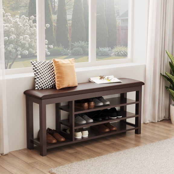 Shoe Rack Bench Entryway Storage with Leather Cushion, Shoe Organizer Bench Featuring Rubberwood, 3 Tiers Shoe Storage Bench with Height Adjustable for Front Door Entrance Hallway, Mudroom