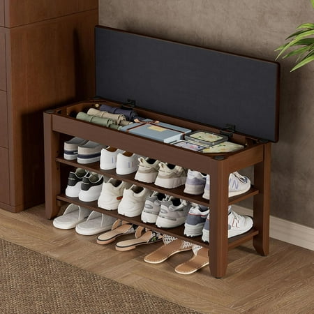 Shoe Rack Bench with Flip-Top Storage Solid Wood Entryway Bench with Cushion Adjustable Shelf for Hallway Mudroom Closet \u2013 Walnut 39.4"