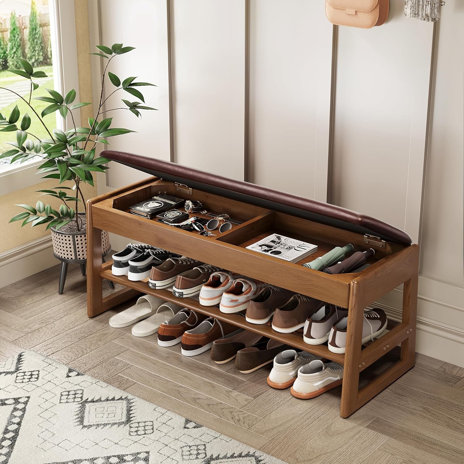 Shoe Rack Bench Seat Rubberwood 2-Tier Wooden Storage Bench 550lbs ...