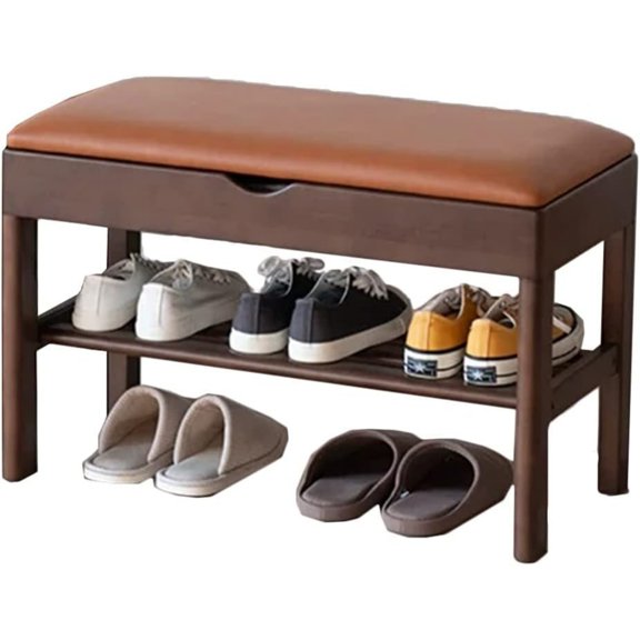 Shoe Rack Bench Wood Storage Bench PU Leather Upholstered Bench Shoe Stand with Hidden Storage Box Show Rack (Color : Brown, Size : 72.6 * 35 * 46.5cm)