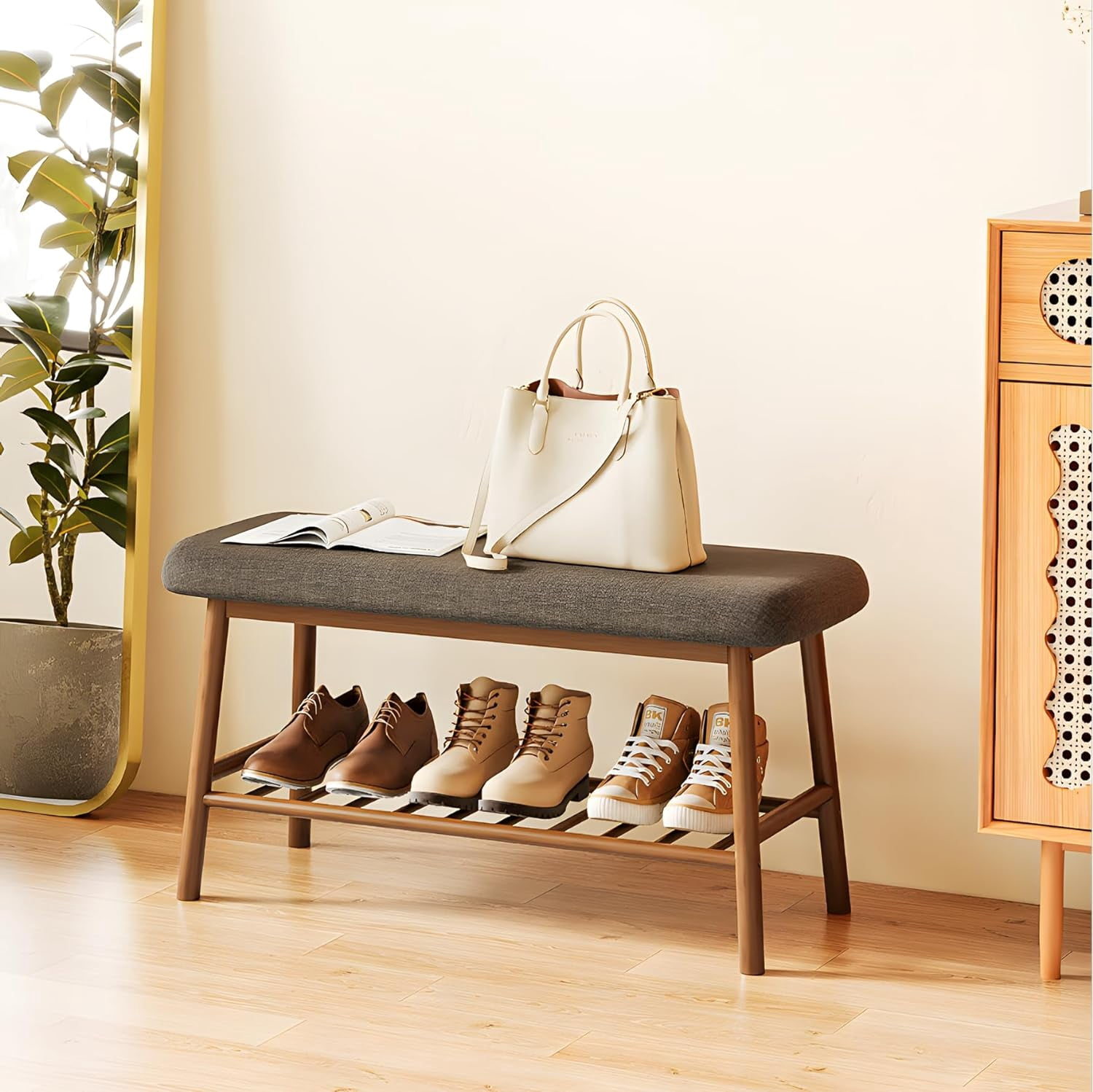 Shoe Rack Bench for Entryway 2-Tier Bamboo Bench Storage with Cushion ...