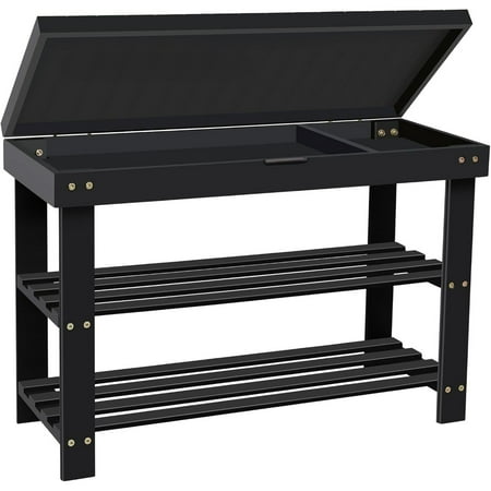 Shoe Rack Bench for Entryway,3-Tier Bamboo Small Bench with Storage Drawer,Shoe Shelf Organizer Indoor Outdoor Use,Black