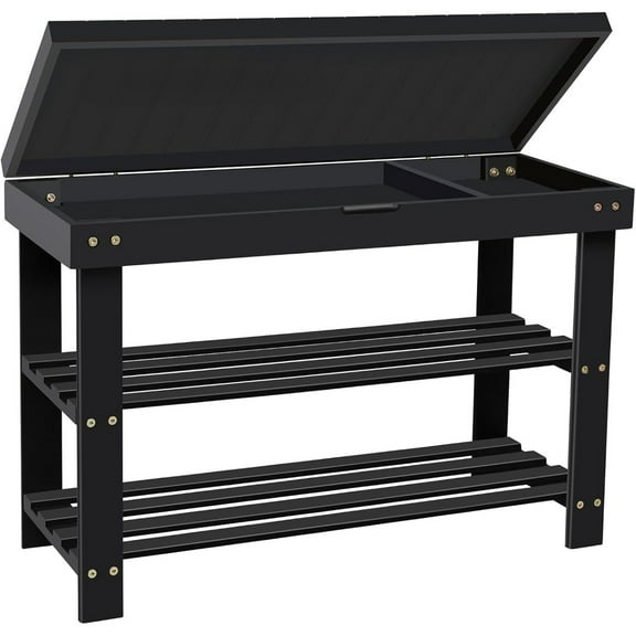 Shoe Rack Bench for Entryway,3-Tier Bamboo Small Bench with Storage Drawer,Shoe Shelf Organizer Indoor Outdoor Use,Black