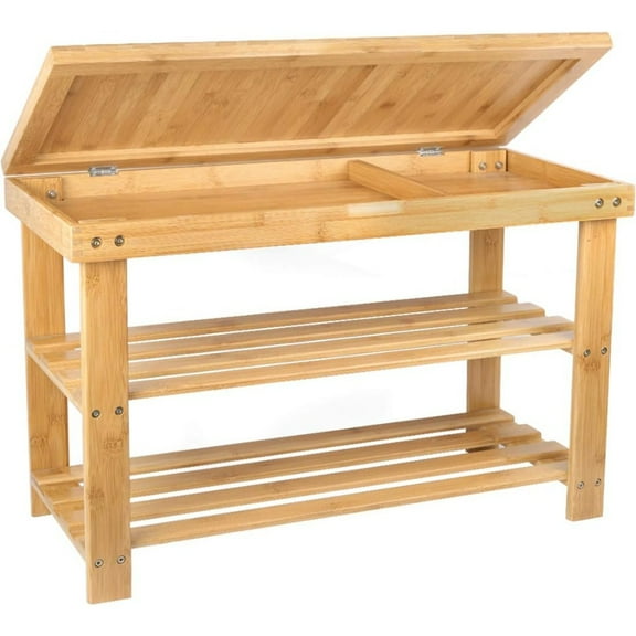 Shoe Rack Bench for Entryway,3-Tier Bamboo Small Bench with Storage Drawer,Shoe Shelf Organizer Indoor Outdoor Use,Black