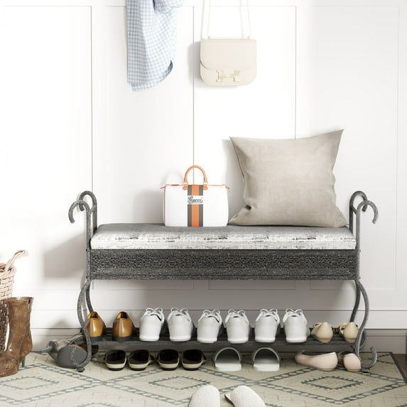Shoe Rack Bench for Entryway, Industrial Bench, Rustic Shoe Rack for Small Spaces, Upholstered Entryway Bench, Multipurpose Entryway