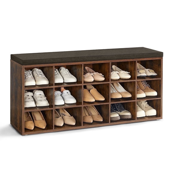 Shoe Rack Bench with Cushion 15 Compartments Storage Bench Shoe Bench for Entryway Rustic Brown
