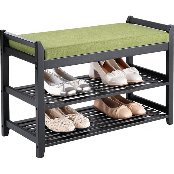 Shoe Rack Bench with Storage 27.6 in, Black Shoe Storage Bench with Cushion for Entryway, Hallway, Bedroom, Living Room