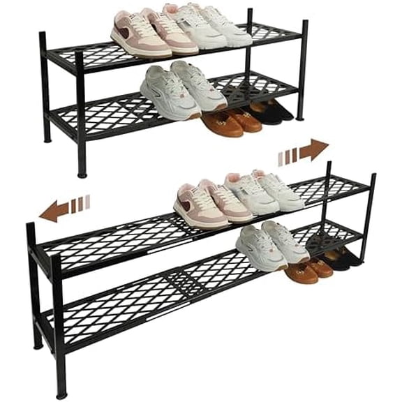 Shoe Rack For Closet, Expandable Shoes Organizer Metal Shelf Stand, 2 Tier Stackable Long Shoe Storage Holder For Floor, Entryway, Garage, Bedroom, Door Entrance For 12-18 Pairs, 45.6 inches Black