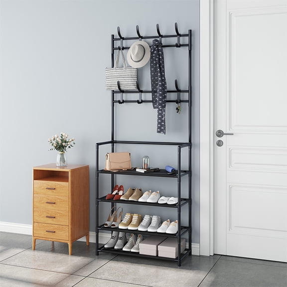 Shoe Rack Coat Rack Combo, Freestanding EntrywaStorage Organizer, Space Saving Shoe Cabinet with Hooks for Small Space Dorm