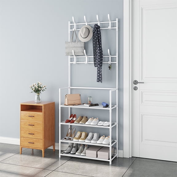 Shoe Rack Coat Rack Combo, Freestanding EntrywaStorage Organizer, Space Saving Shoe Cabinet with Hooks for Small Space Dorm