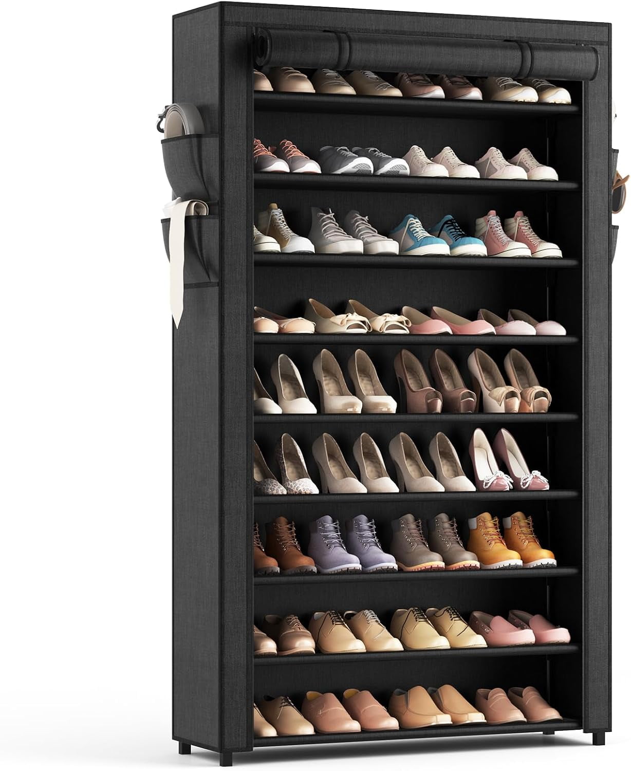 10-Tier Shoe Rack With Cover - Holds 40-50 Pairs, Free Standing For Entryway, 33.8"W X 62.2"H