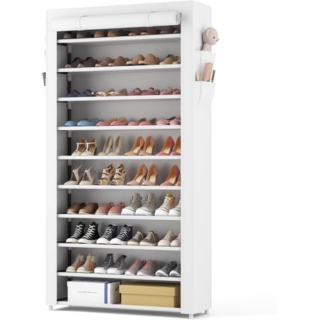 Shoe Rack with Covers 10 Tier Large Shoe Organizer Tall Shoe Closet Storage for 50-55 Pairs Shoe and Boot, Free Standing Shoe Rack Organizer for Closet, Entryway, Bedroom, White