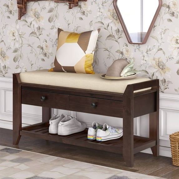 Shoe Rack with Cushioned Seat and Drawers, Multipurpose Entryway Storage Bench with Shelf, Wood Storage Bench for Living Room Entryway Hallways, Espresso, 39''L x 14''W x 19.8''H