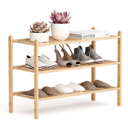 Shoe Rack, Dranixly 3-Tier Shoe Rack Bamboo Stackable Shoe Shelf Storage Organizer for Entryway, Hallway and Closet (Natural)