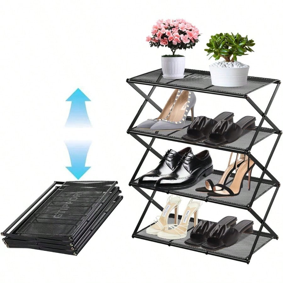 Shoe Rack For Entryway 4 Tier Foldable Shoe Rack Without Assembly Collapsible Metal Shoe Organizer Folding Shoe Storage Rack For Door Living Room Black