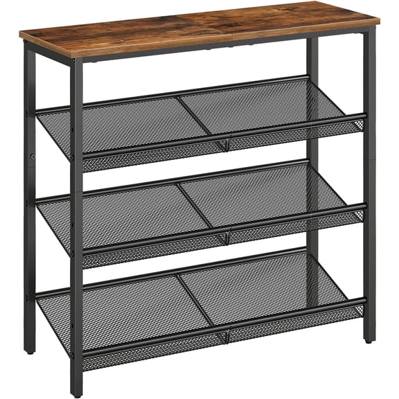 Shoe Rack for Entryway, 4-Tier Shoe Organizer with Adjustable Mesh Shelves, 12-16 Pairs of Shoes, Spacious Floor Mount, Metal, Industrial, Shoe Shelf for Closet, Rustic Brown