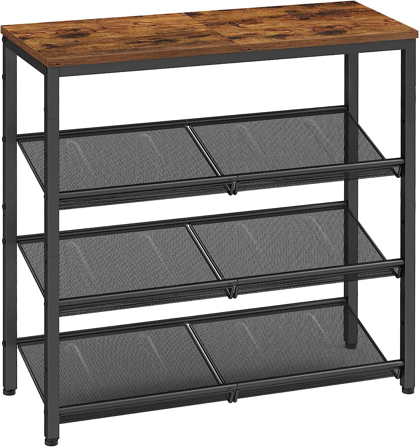 Industrial Black Metal and Wood 4-Tier Shoe Rack