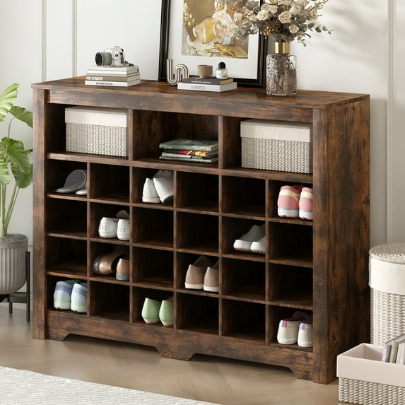 Shoe Rack for Entryway, 4 Tiers Shoe Cabinet Storage for Entryway for 24 Pairs Shoe and Boots, Freestanding Shoe Rack Cabinet with Sturdy Base and Open Shelf, Shoe Storage Cabinet for Closet, Brown